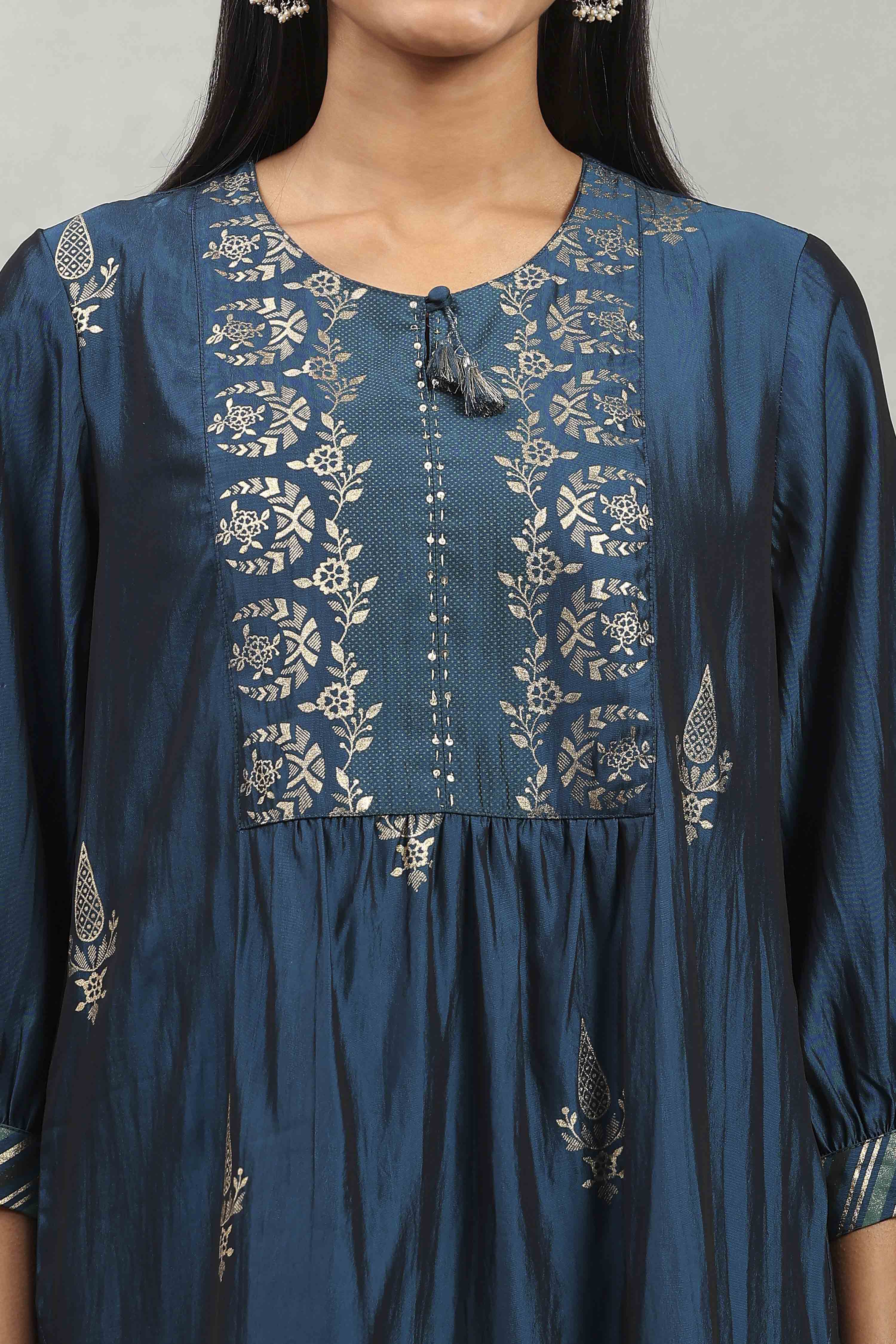 Blue Polyester Blend Printed Gathered Suit Set image number 1