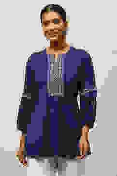 Blue Viscose Blend Embroidered Gathered Top image number 5