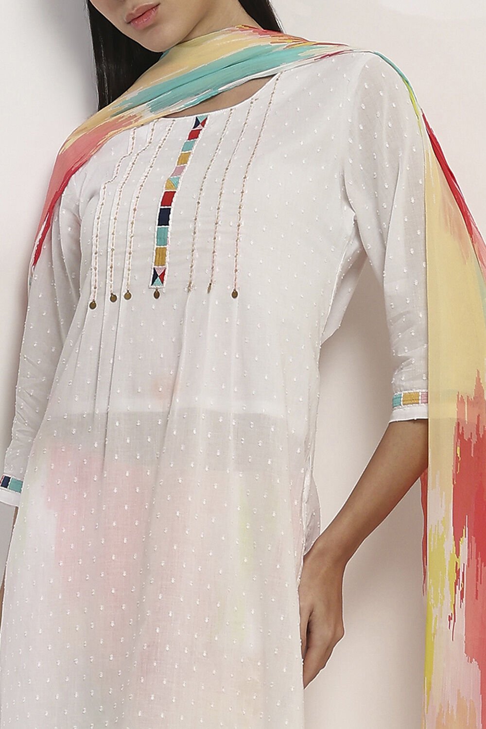 White Cotton Straight Suit Set image number 1