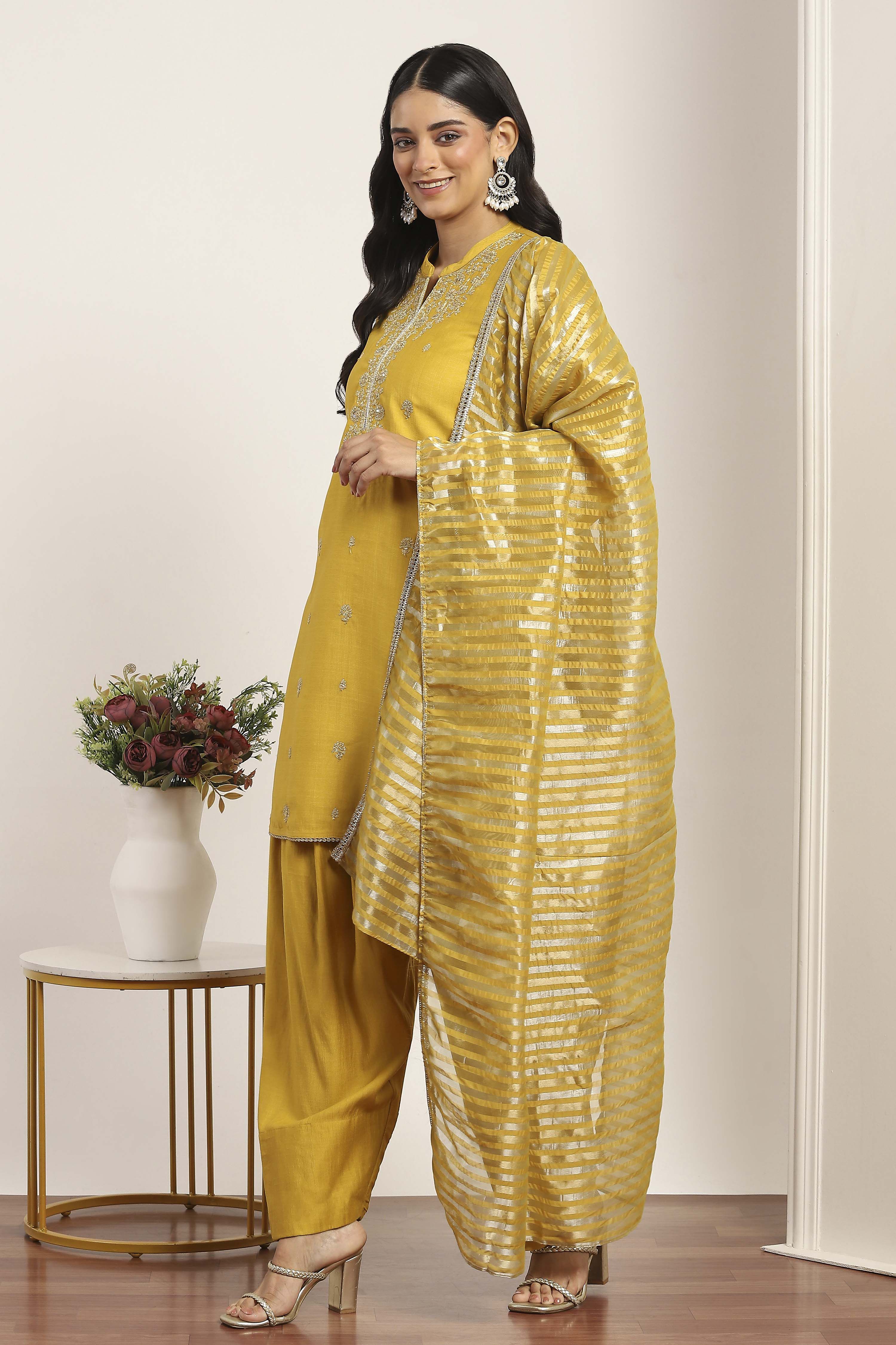 Yellow Viscose Polyester Straight Suit Sets image number 3