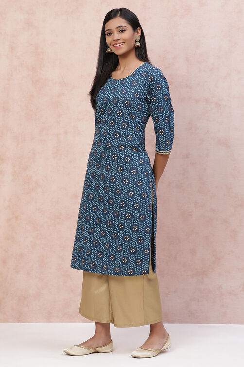 Teal Blue Cambric Cotton Straight Kurta image number 2