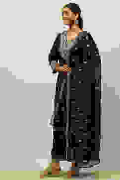 Black Viscose Shantoon Straight Embroidered Kurta Palazzo Suit Set image number 3