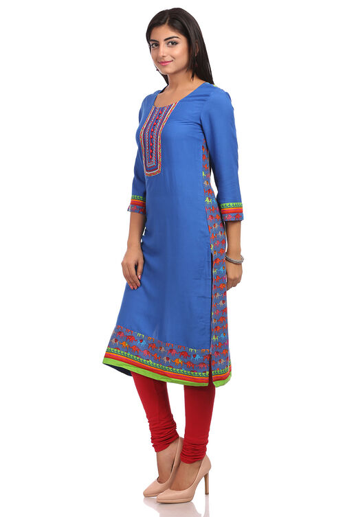 Blue Straight Cotton Kurta image number 3
