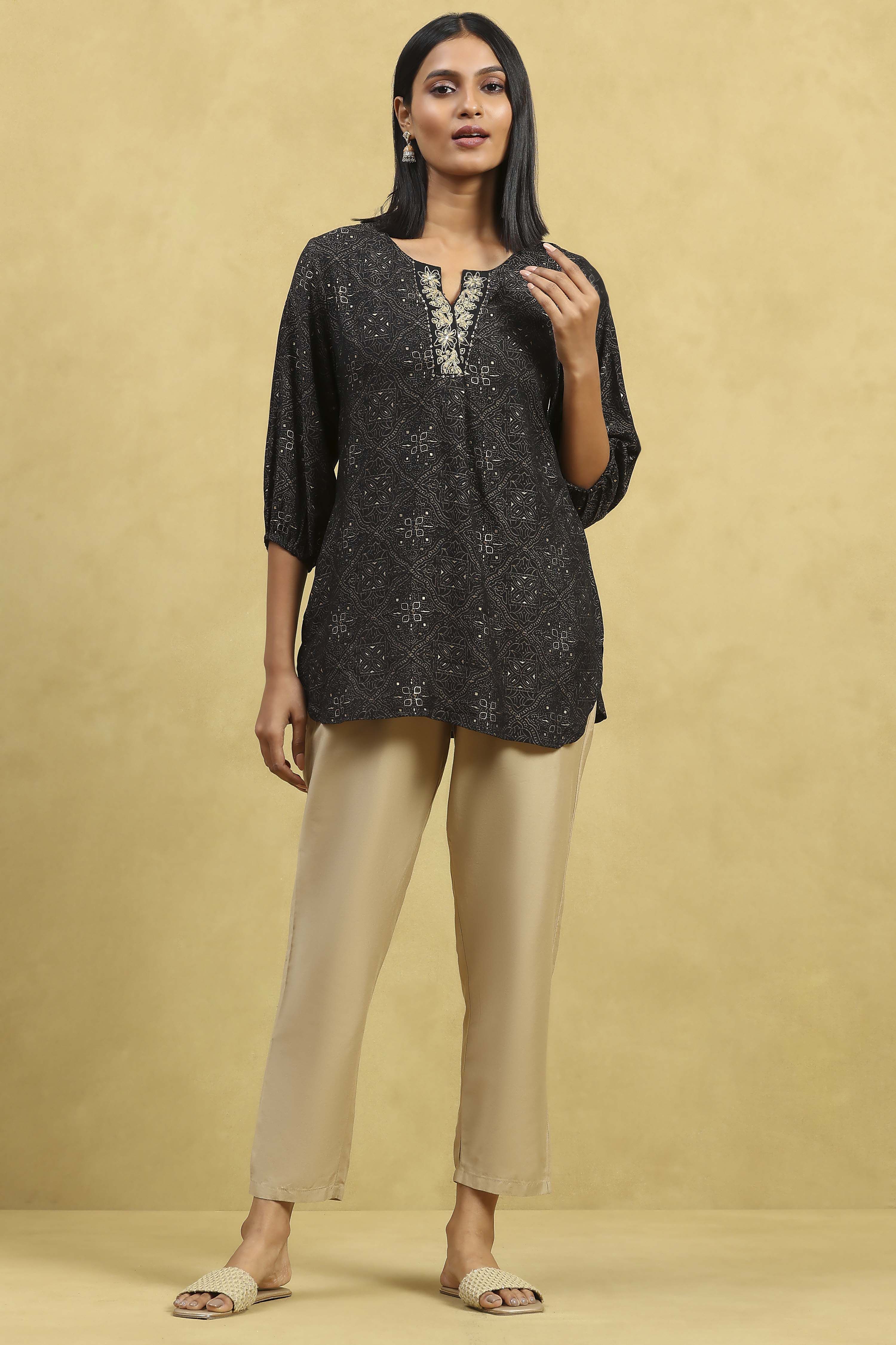 Black Viscose Blend Printed Straight Top image number 0