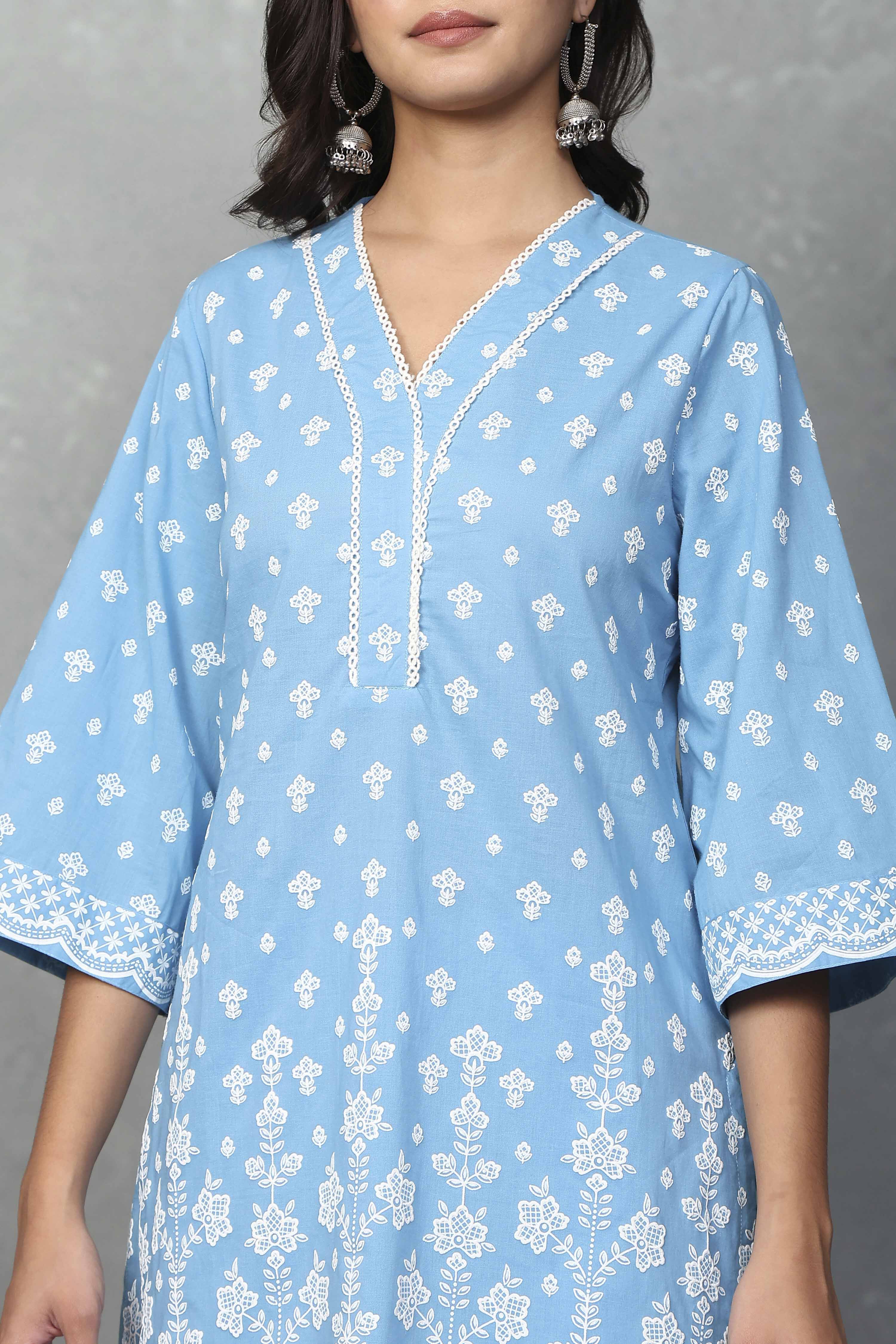 Blue Cotton Printed Kurta Palazzo Set image number 1
