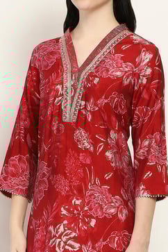 Red Printed Straight Suit Set image number 1