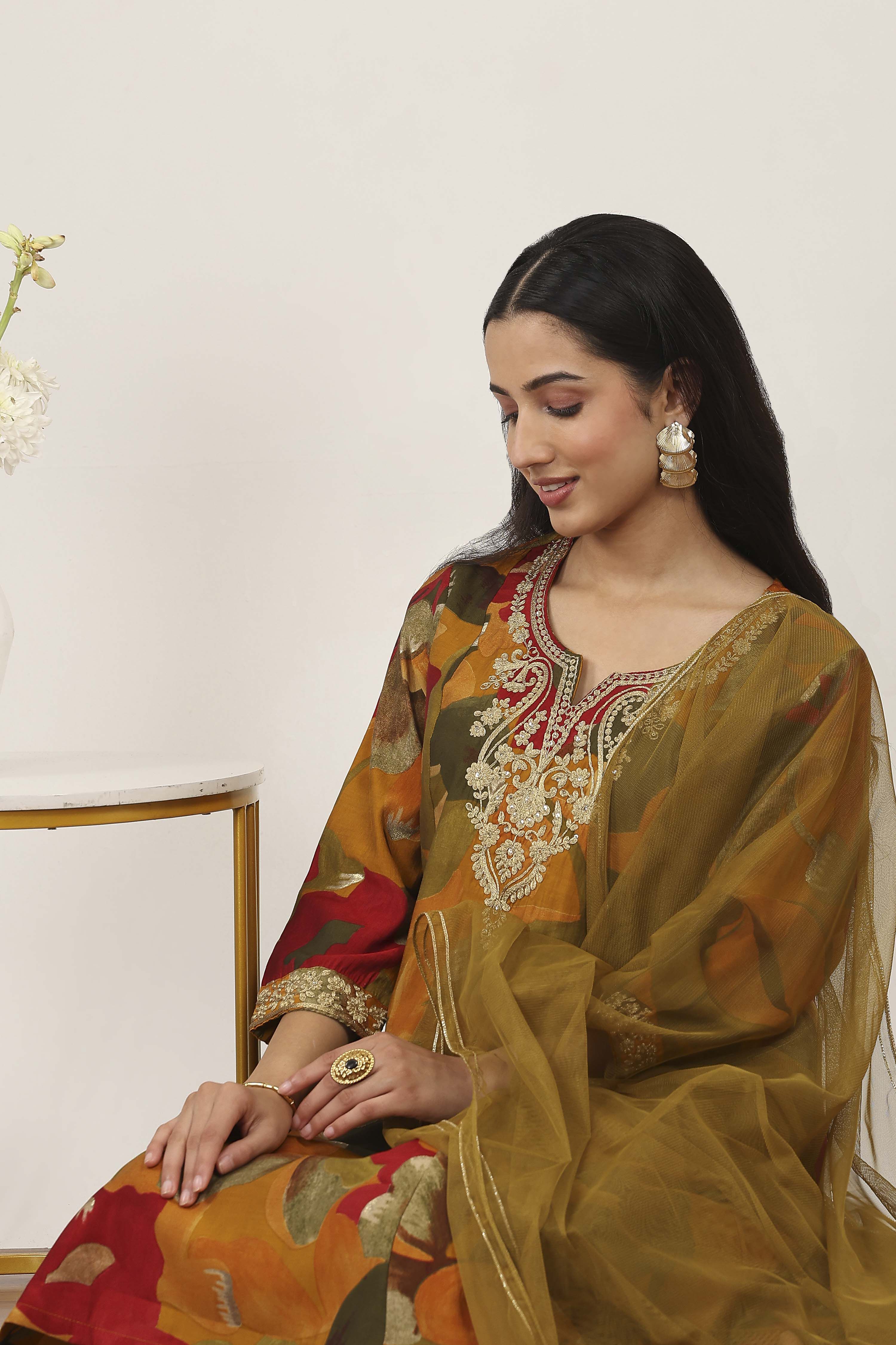 Yellow Viscose Polyester A-Line Suit Sets image number 0