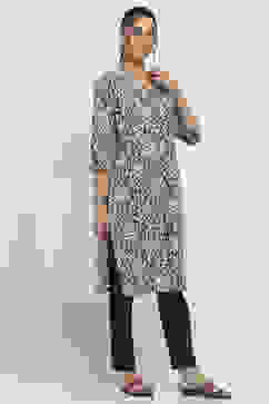 Blue and Beige Cotton Straight Kurta image number 4