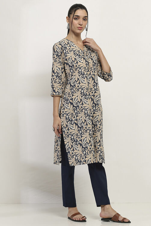 Blue Cotton Straight Kurta image number 4