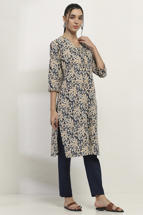 Blue and Beige Cotton Straight Kurta image number 4