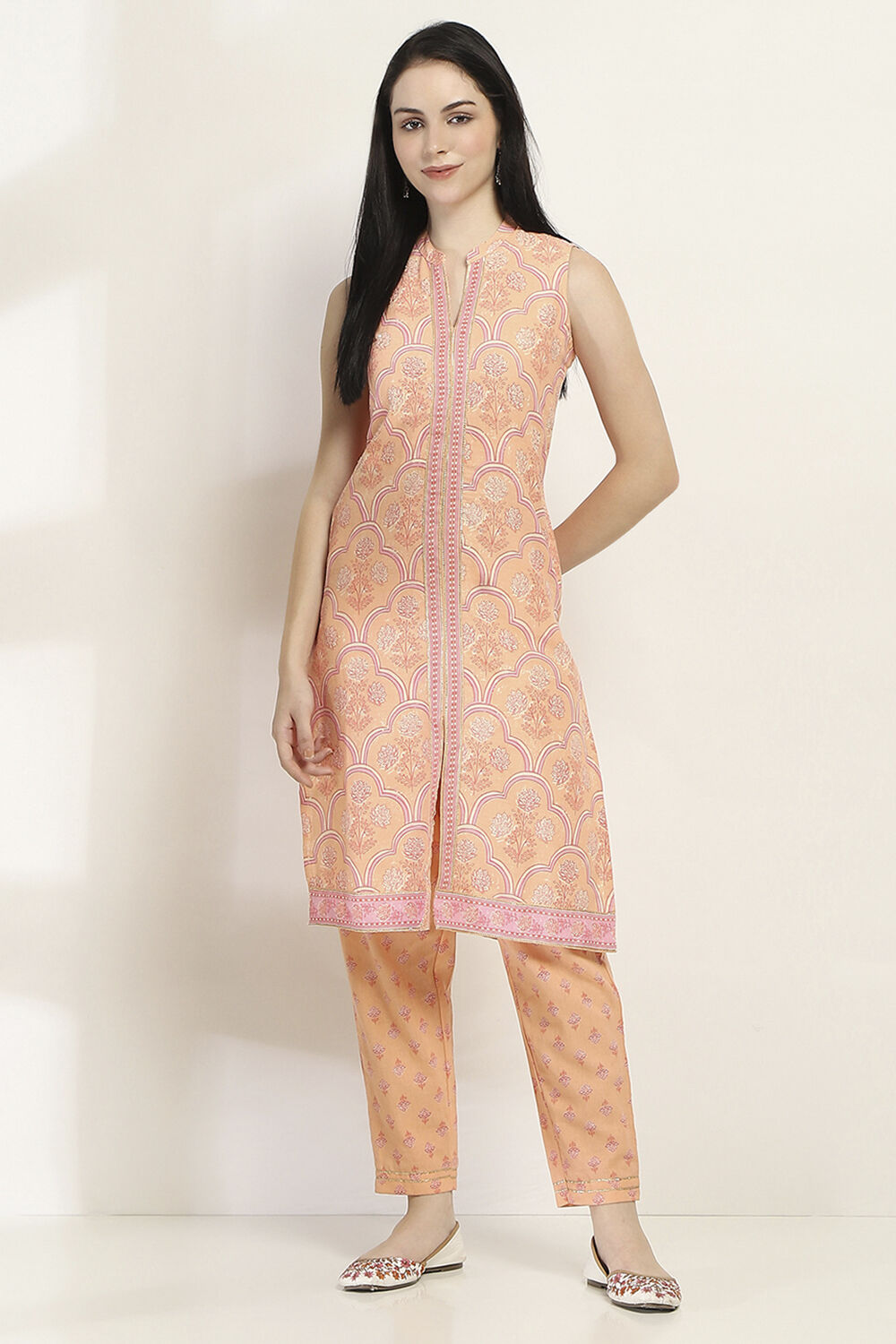 Peach-Colored Cotton Blend Straight Kurta Set image number 6