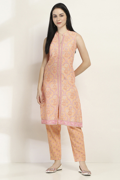 Peach-Colored Cotton Blend Straight Kurta Set image number 6