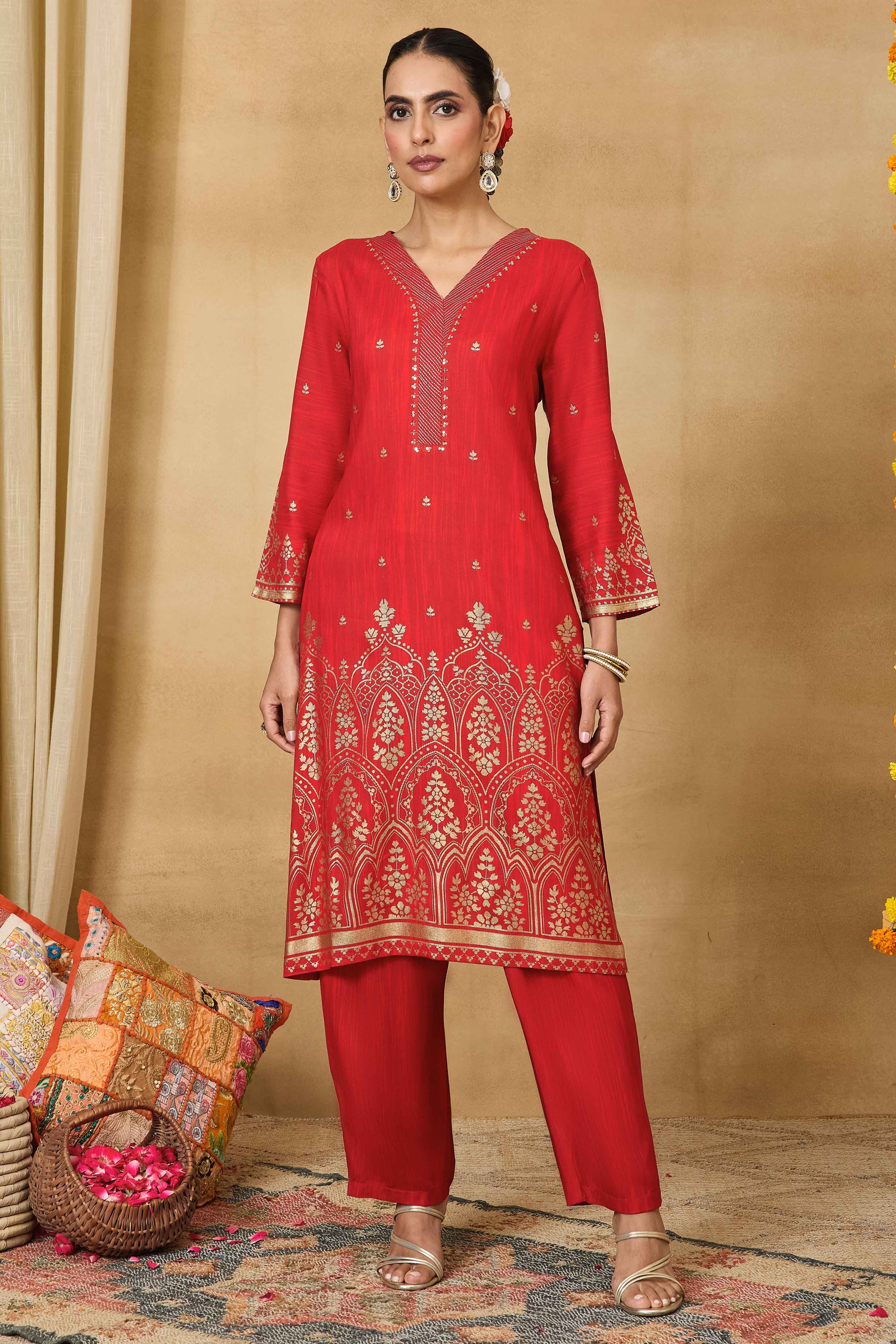Red Viscose Rayon Straight Printed Kurta Pants Set image number 7