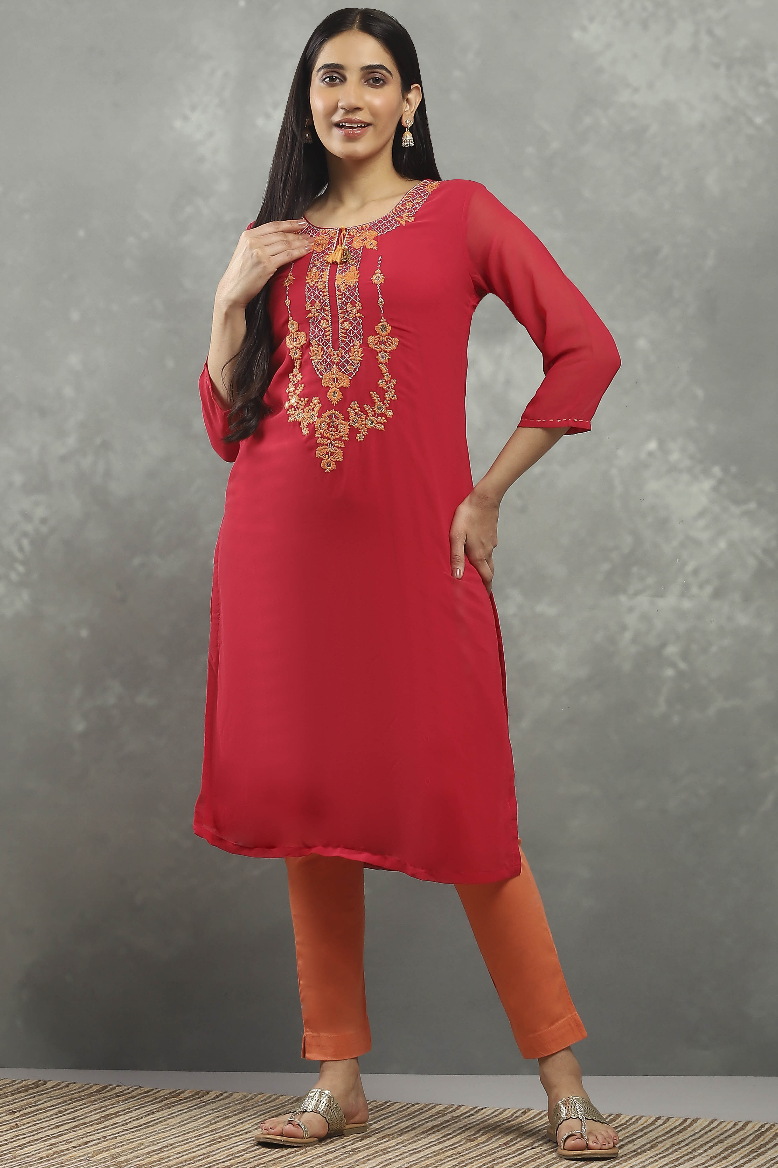 Pink Viscose Flared Kurta Pants Set image number 0