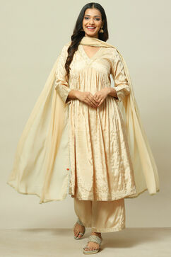 Beige LIVA Woven Tired Kurta Suit Set image number 0