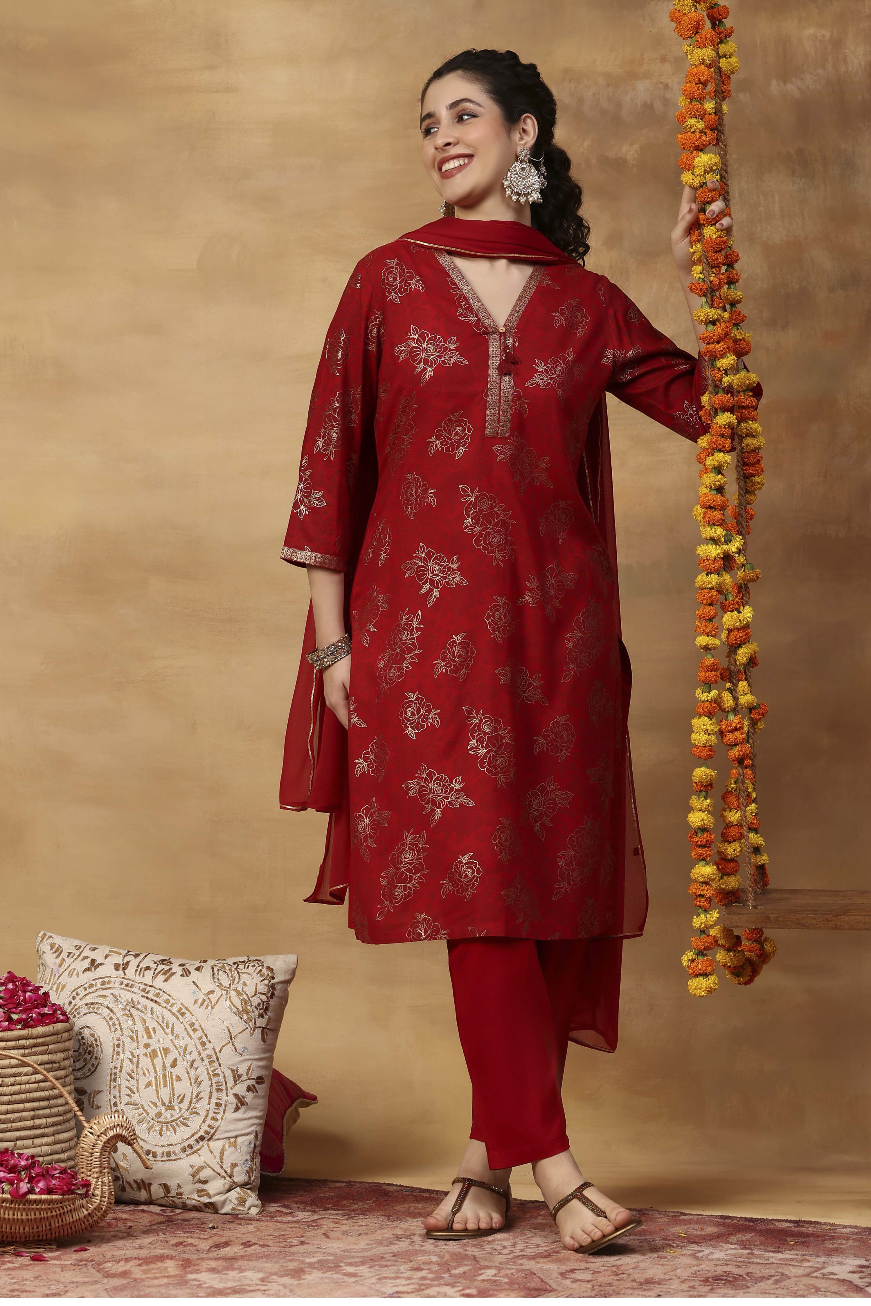 Red Printed Viscose Rayon Straight Kurta Set image number 0