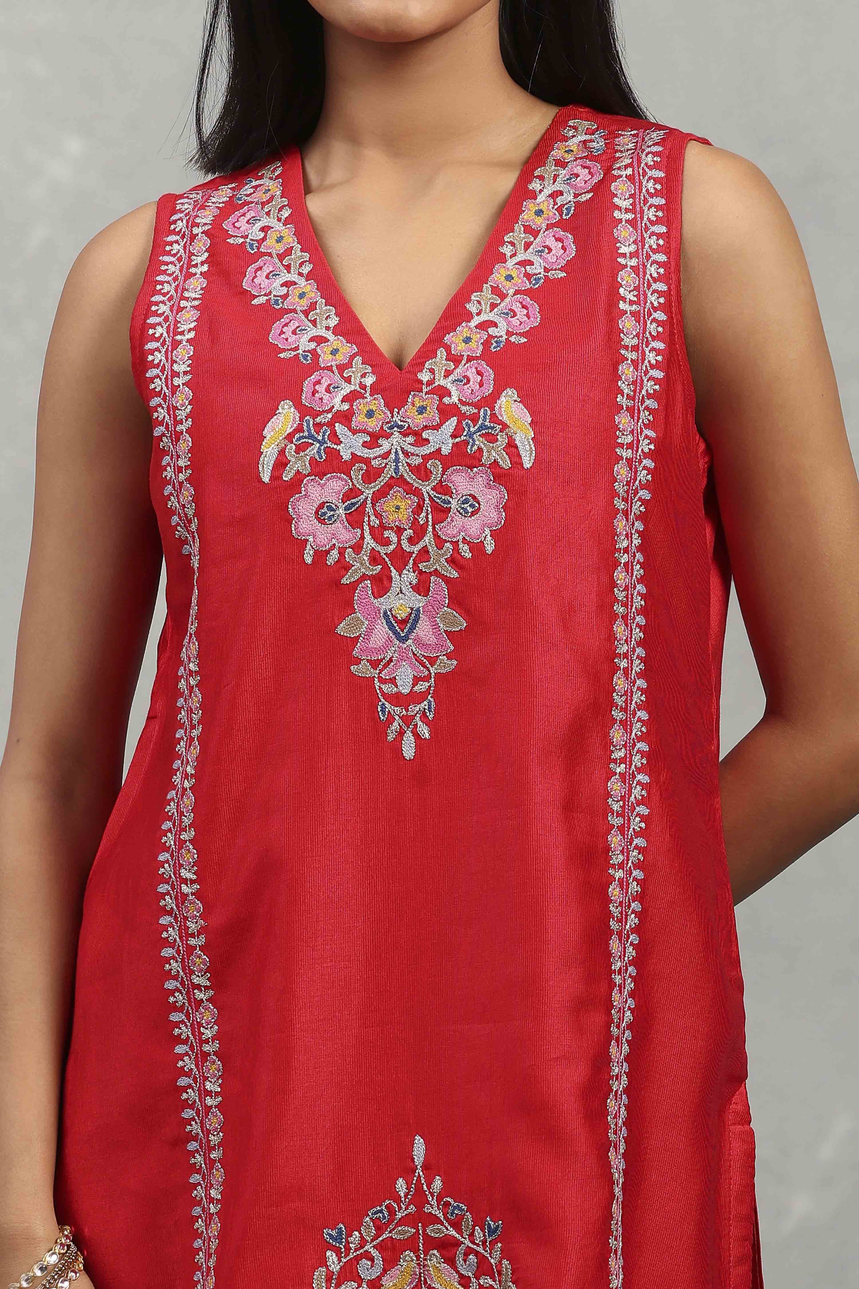 Red Polyester Solid Straight Sharara Suit Set image number 1