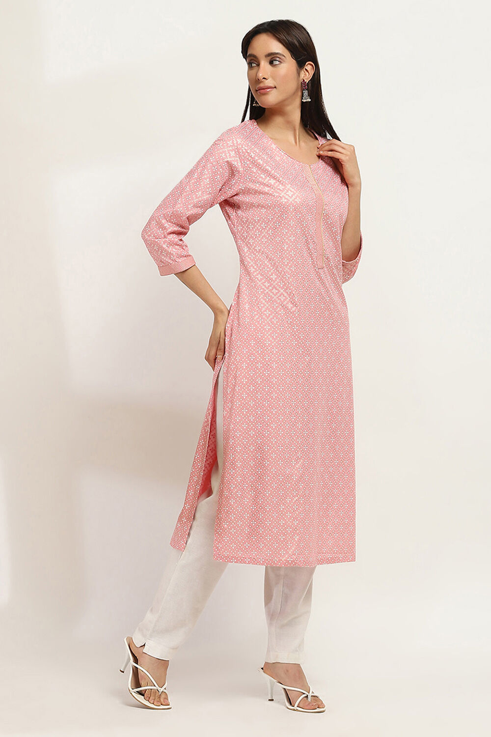 Peach-Colored Printed Straight Kurta image number 4