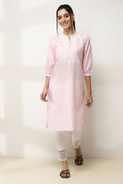 Pink Cotton Yarn-Dyed Straight Kurta image number 5