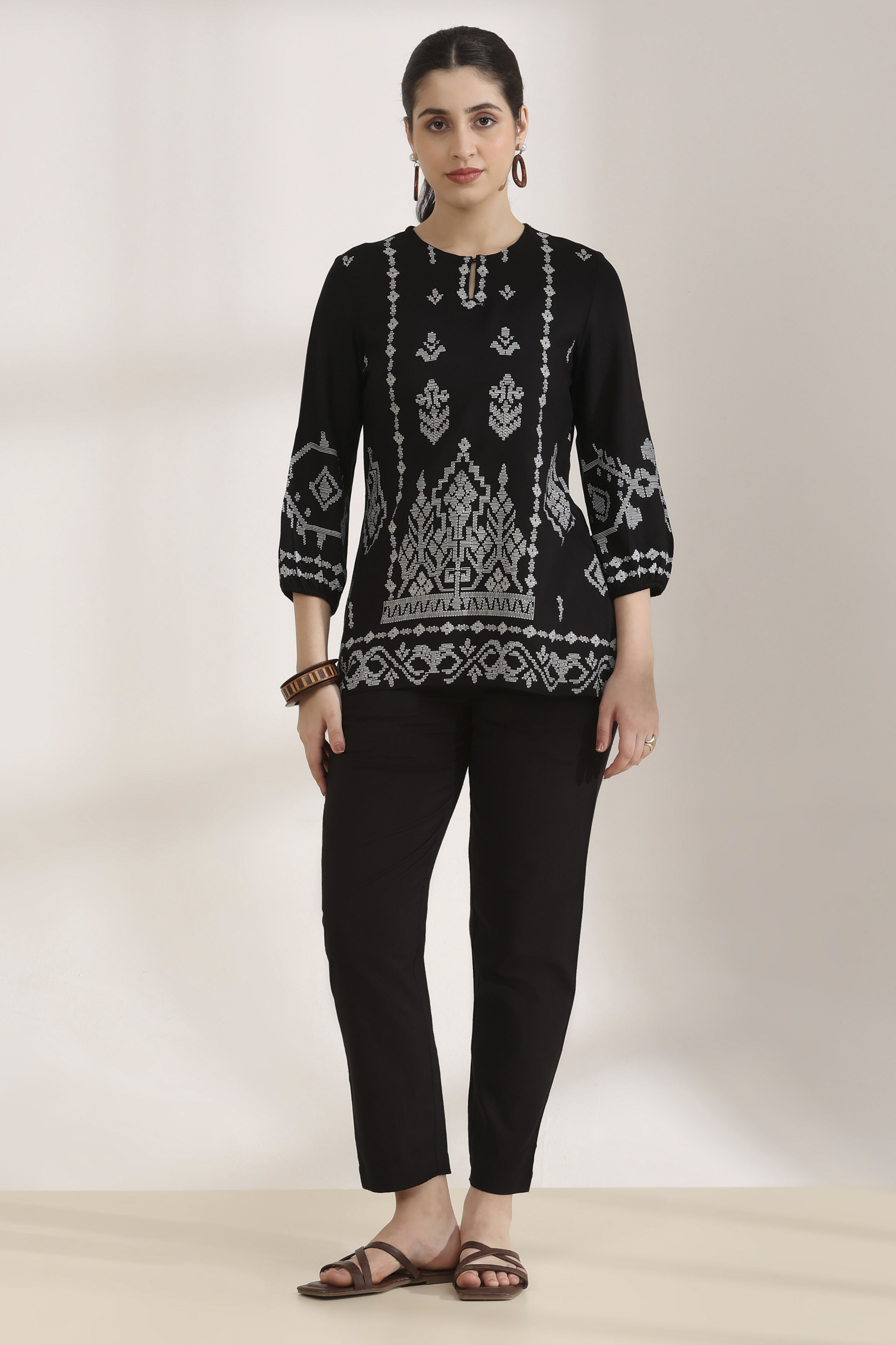 Black Cotton Blend Straight Pants image number 0
