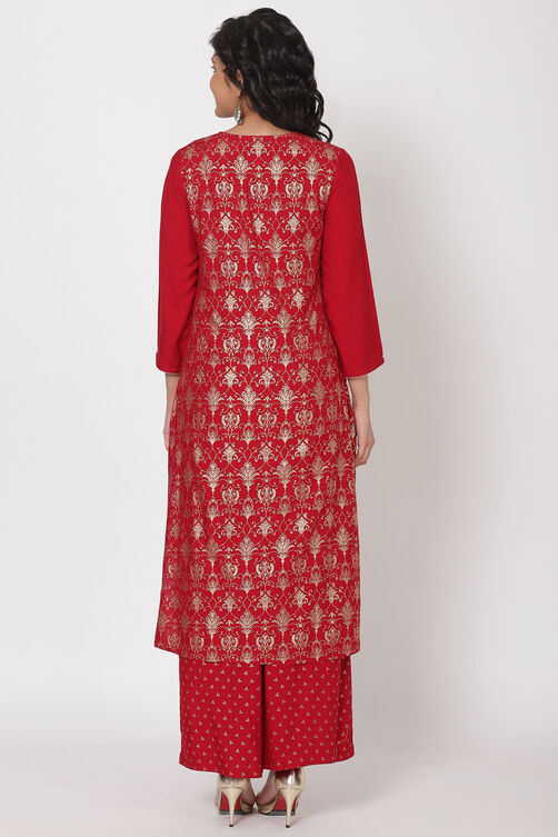 Red Viscose And Rayon Straight Suit Set image number 4