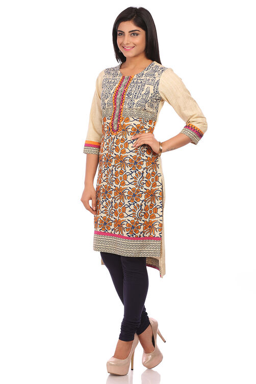 Beige Cotton Asymmetric Kurta image number 3
