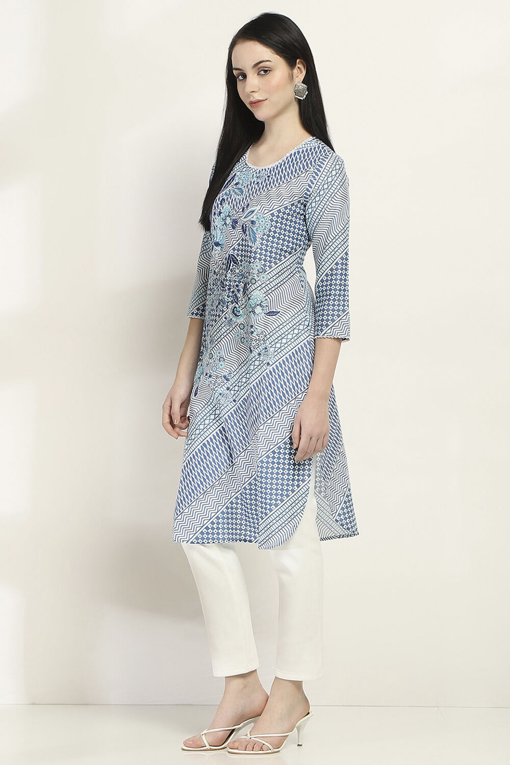 Indigo Cotton Printed Straight Kurta image number 2