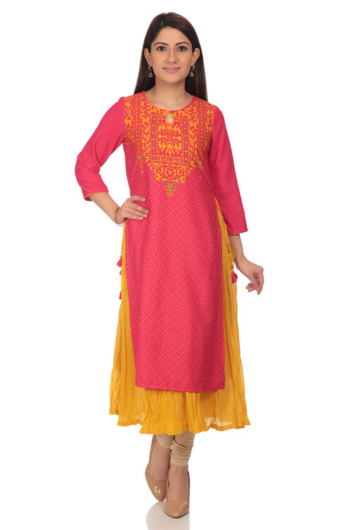 Pink Flared Poly Cotton Kurta image number 0