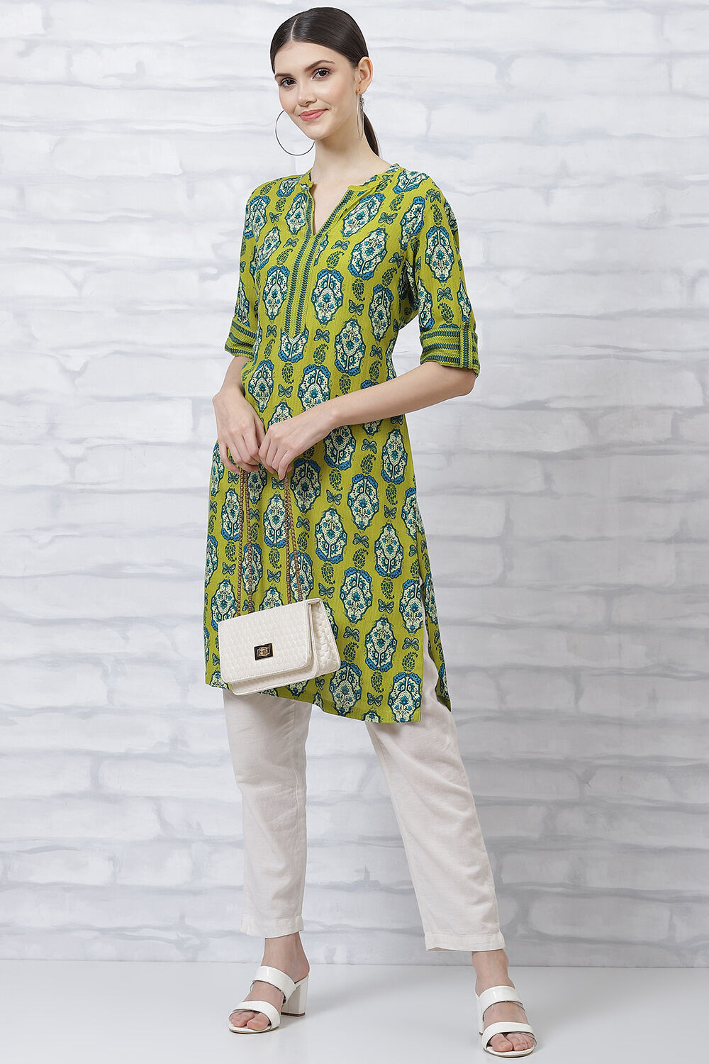 Lime Green LIVA Straight Kurta image number 4