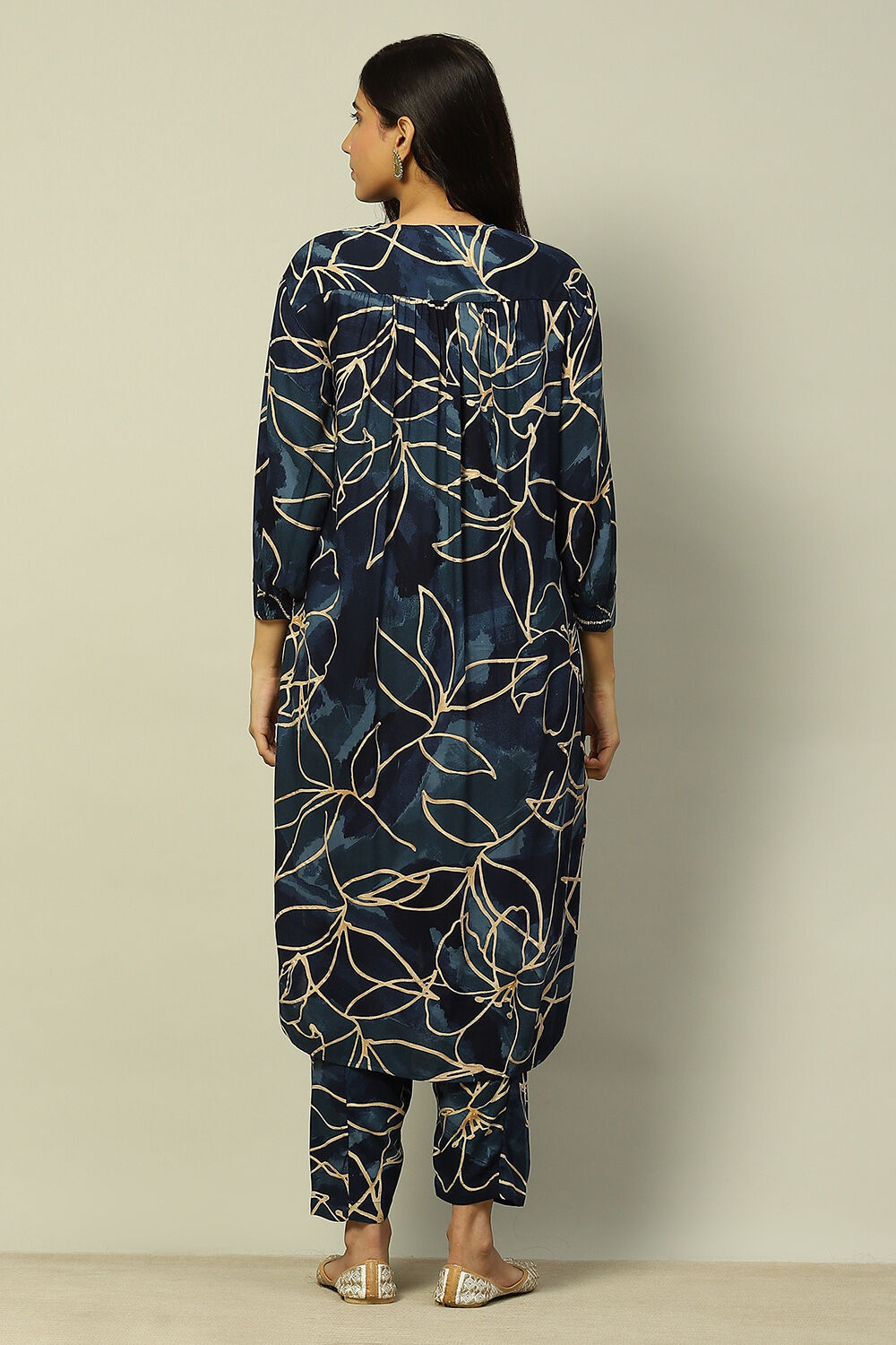 Navy Blue Floral Printed Straight Co-ord Set image number 4