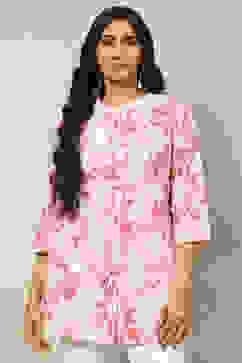 Pink Cotton Floral Printed Straight Indie Top image number 5