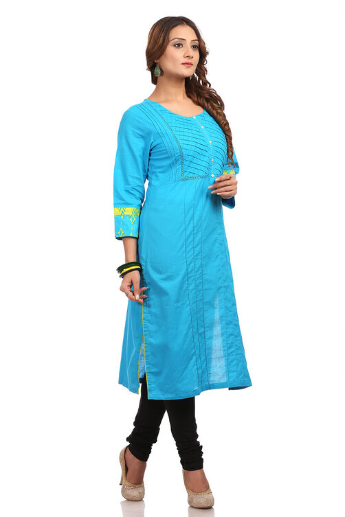 Blue Straight Cotton Kurta image number 3