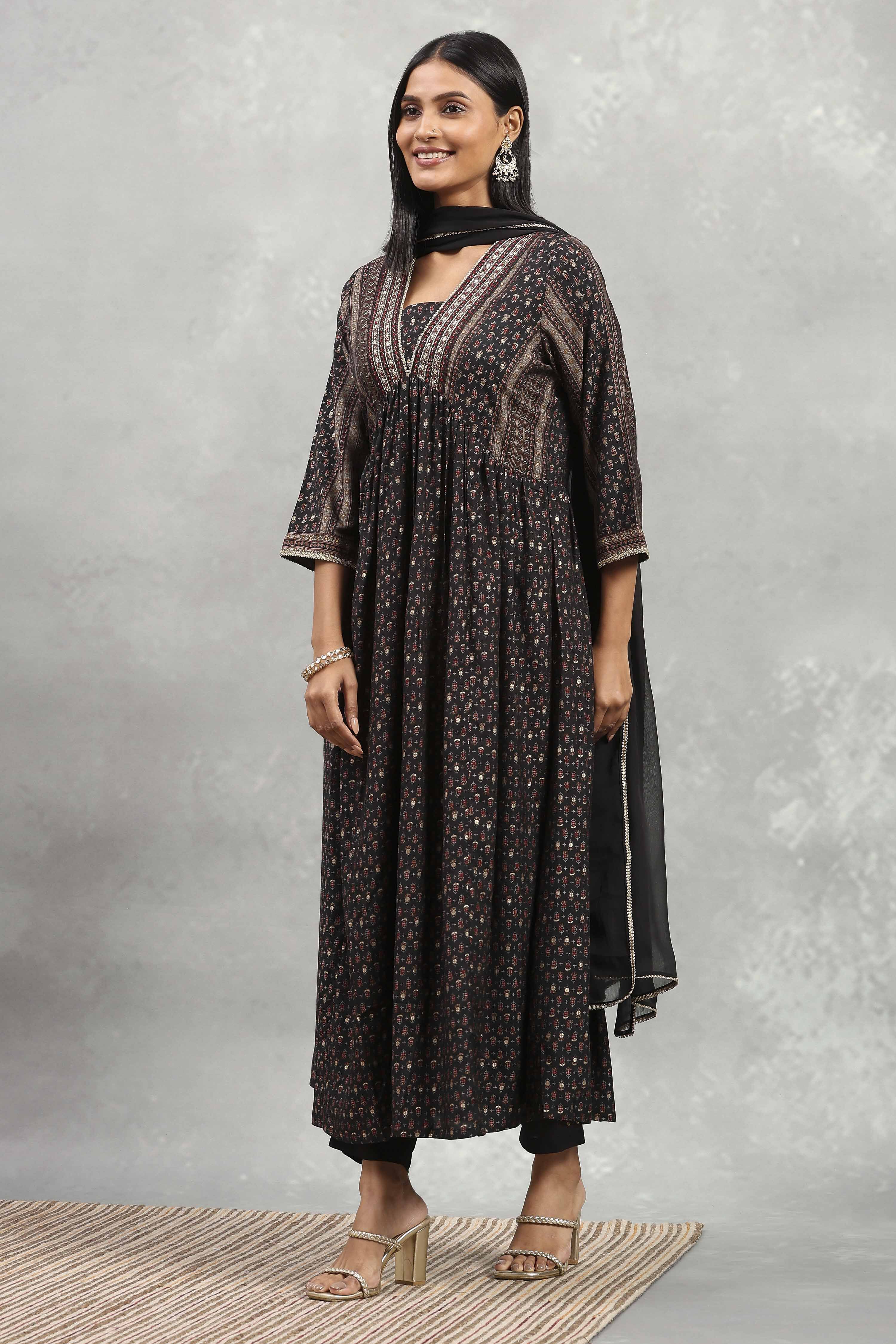 Black Viscose Rayon Printed Gathered Suit Set image number 3