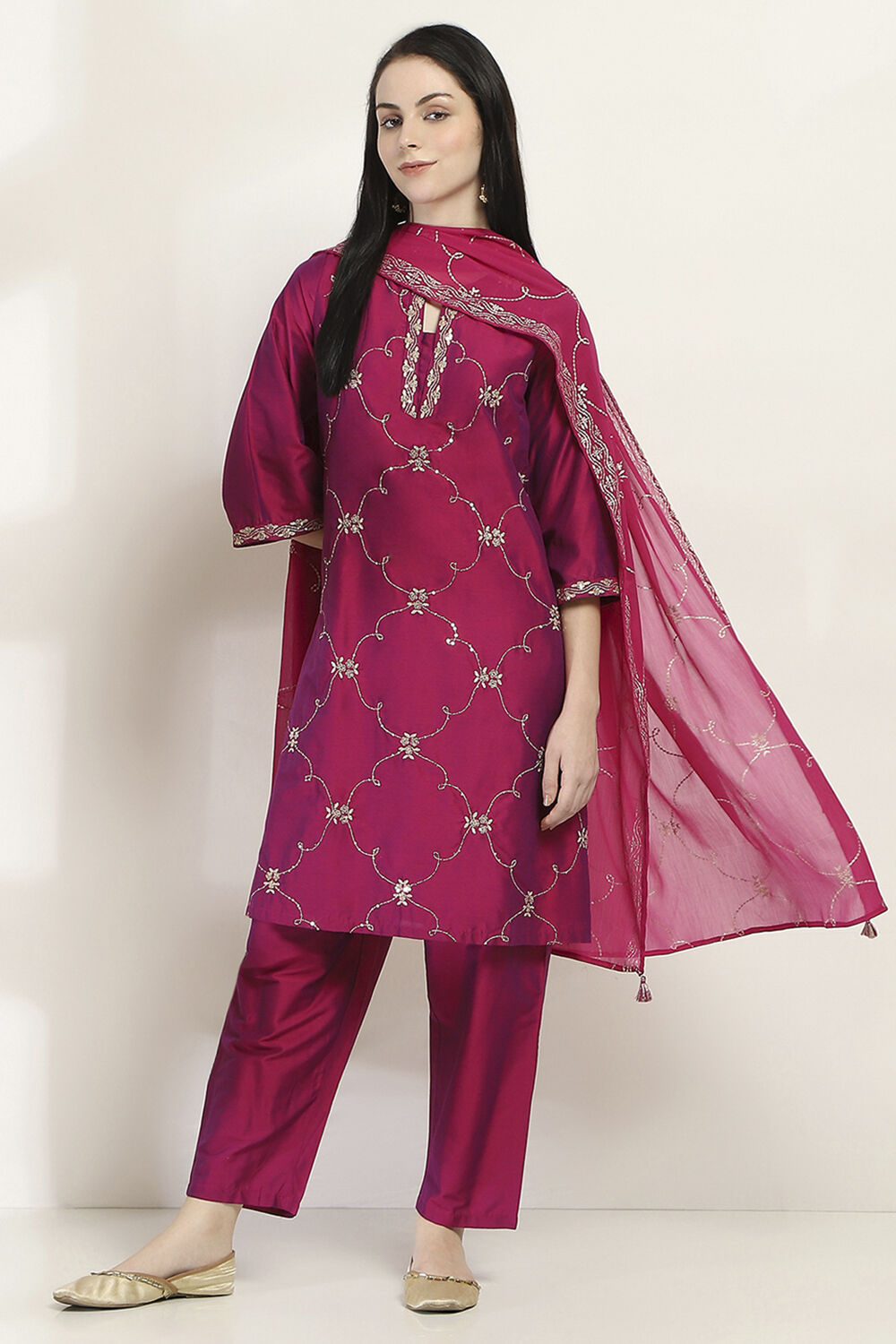 Purple Embroidered Straight Suit Set image number 0