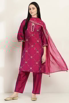 Purple Embroidered Straight Suit Set image number 0