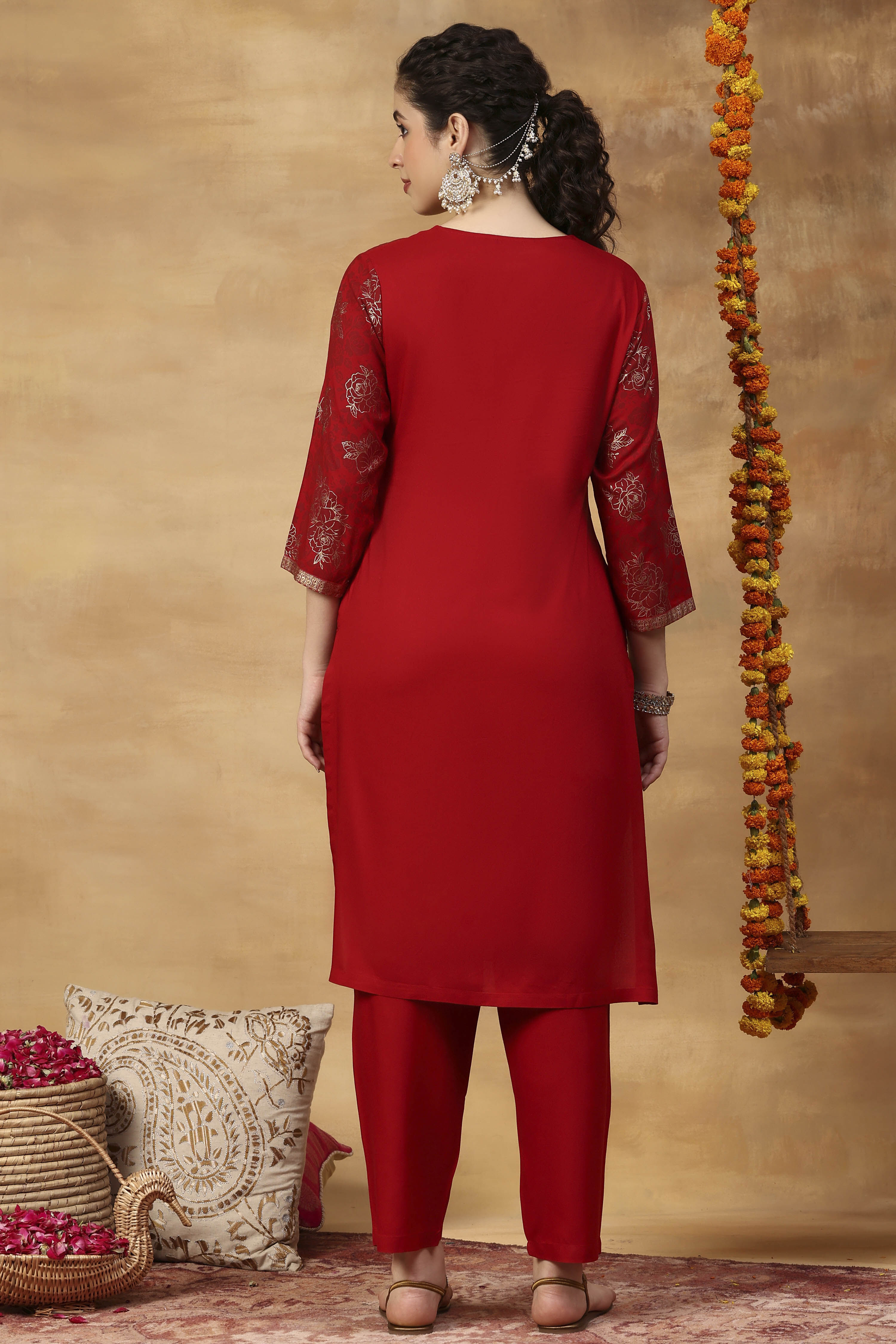 Red Printed Viscose Rayon Straight Kurta Set image number 5