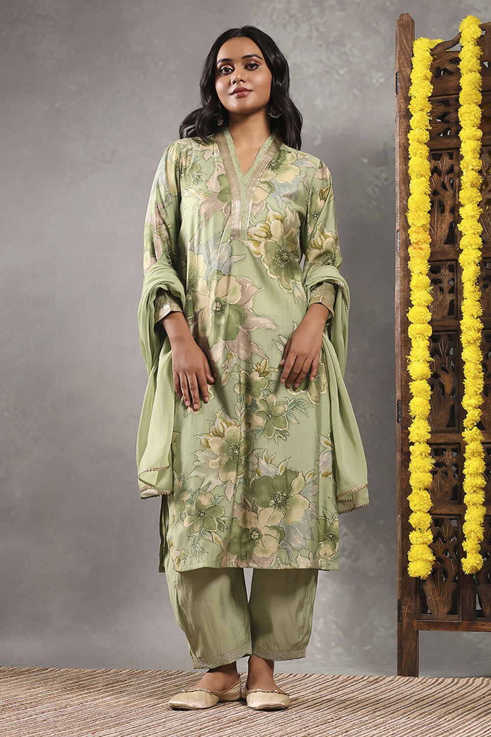 Mustard Viscose Blend Printed Straight Suit Set image number 6