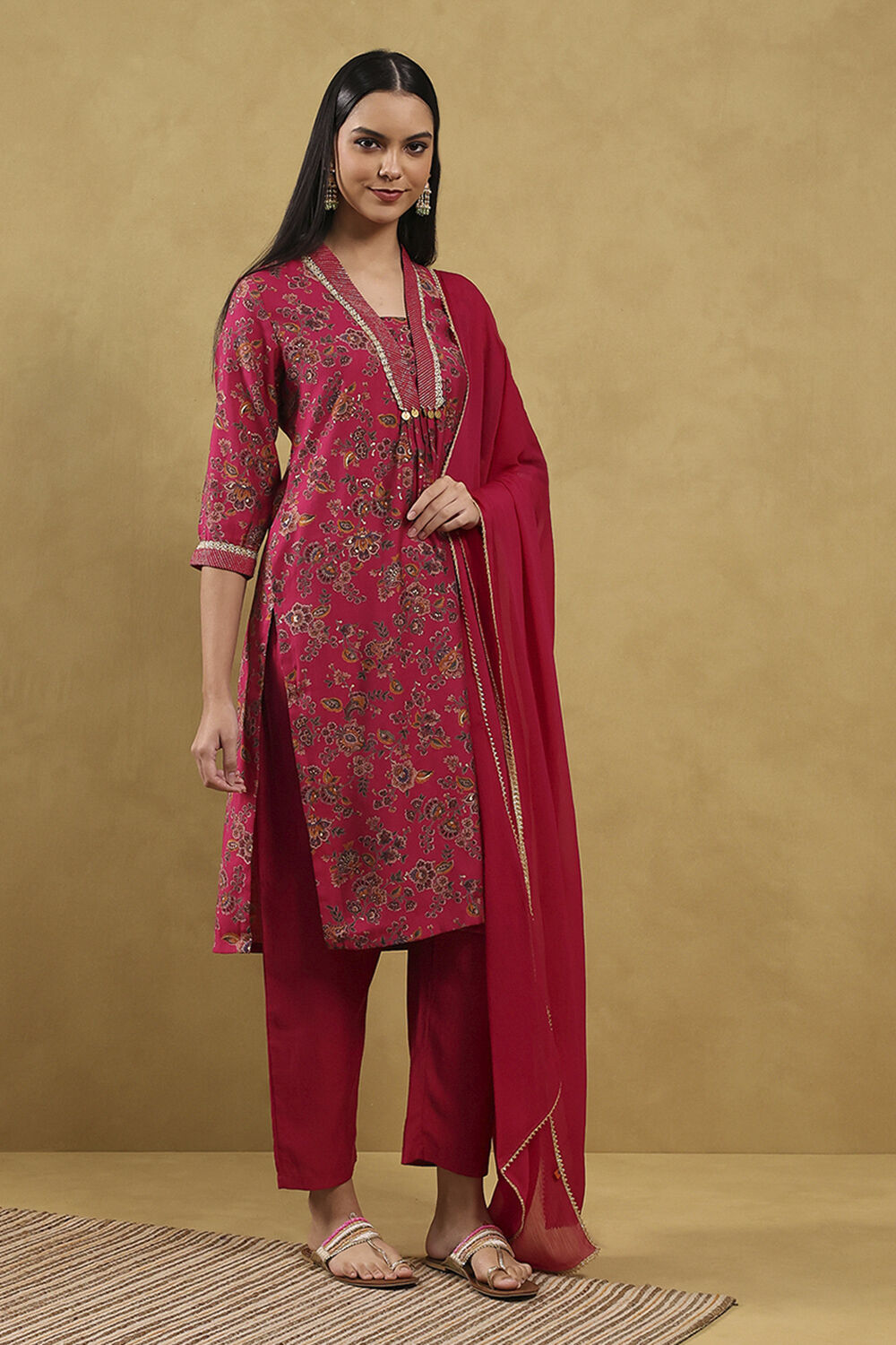 Pink Viscose Blend Printed Straight Suit Set image number 4