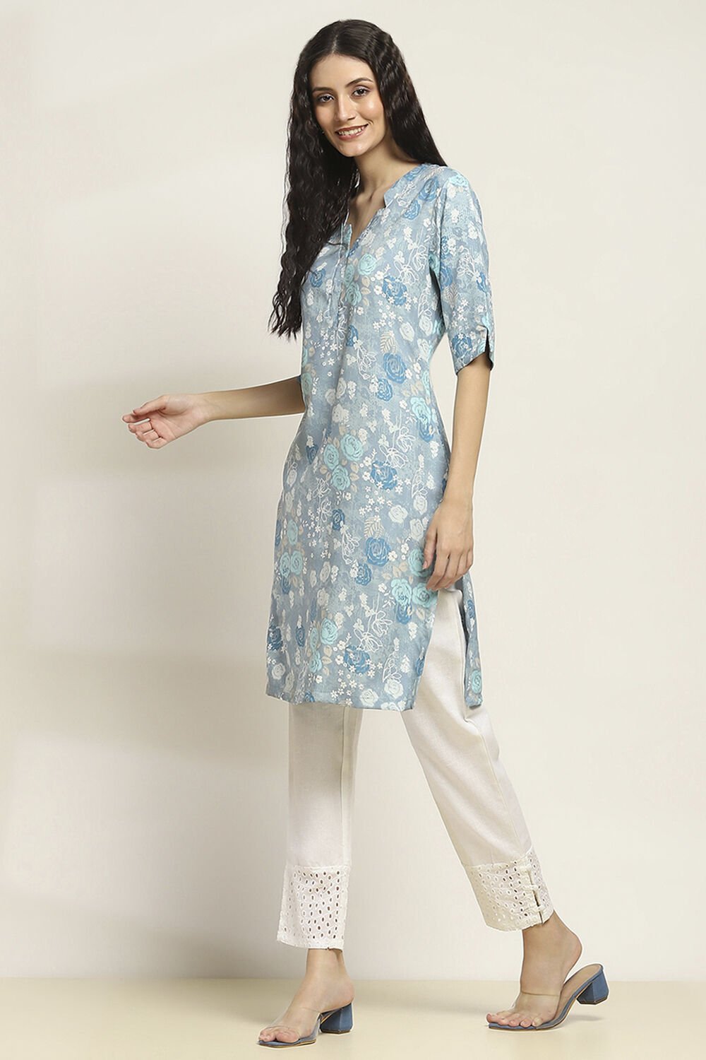 Blue Printed Straight Kurta image number 2