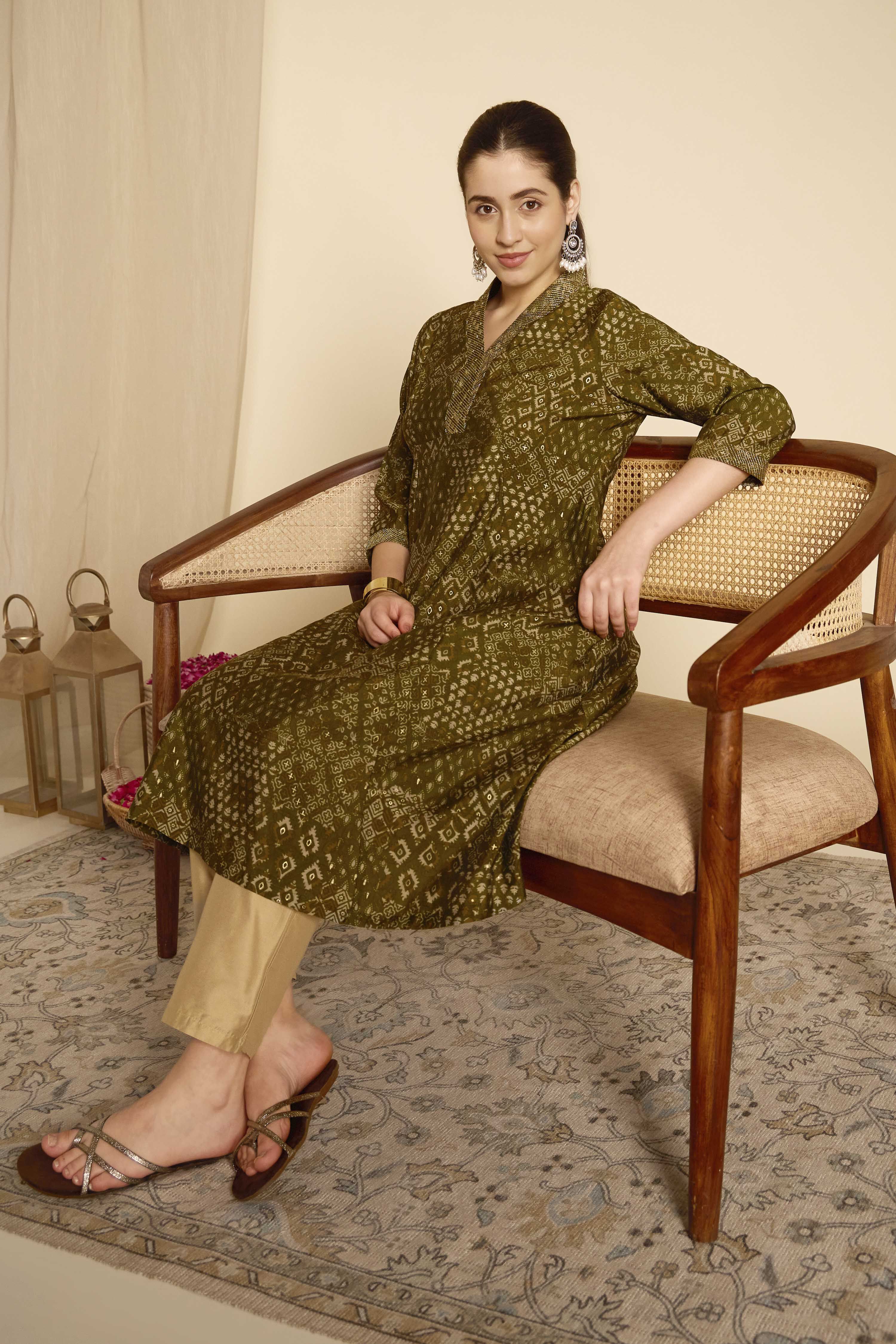 Green Viscose Blend A-Line Printed Kurta image number 0