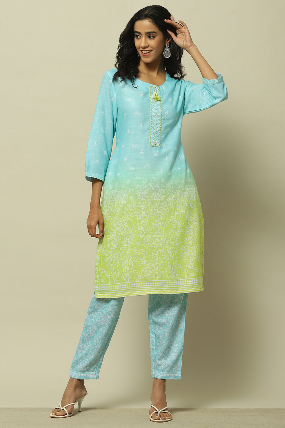 Aqua Blue Green Ombre Printed Straight Kurta Set image number 0