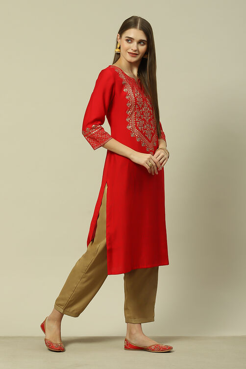 Red LIVA Straight Printed Kurta image number 4