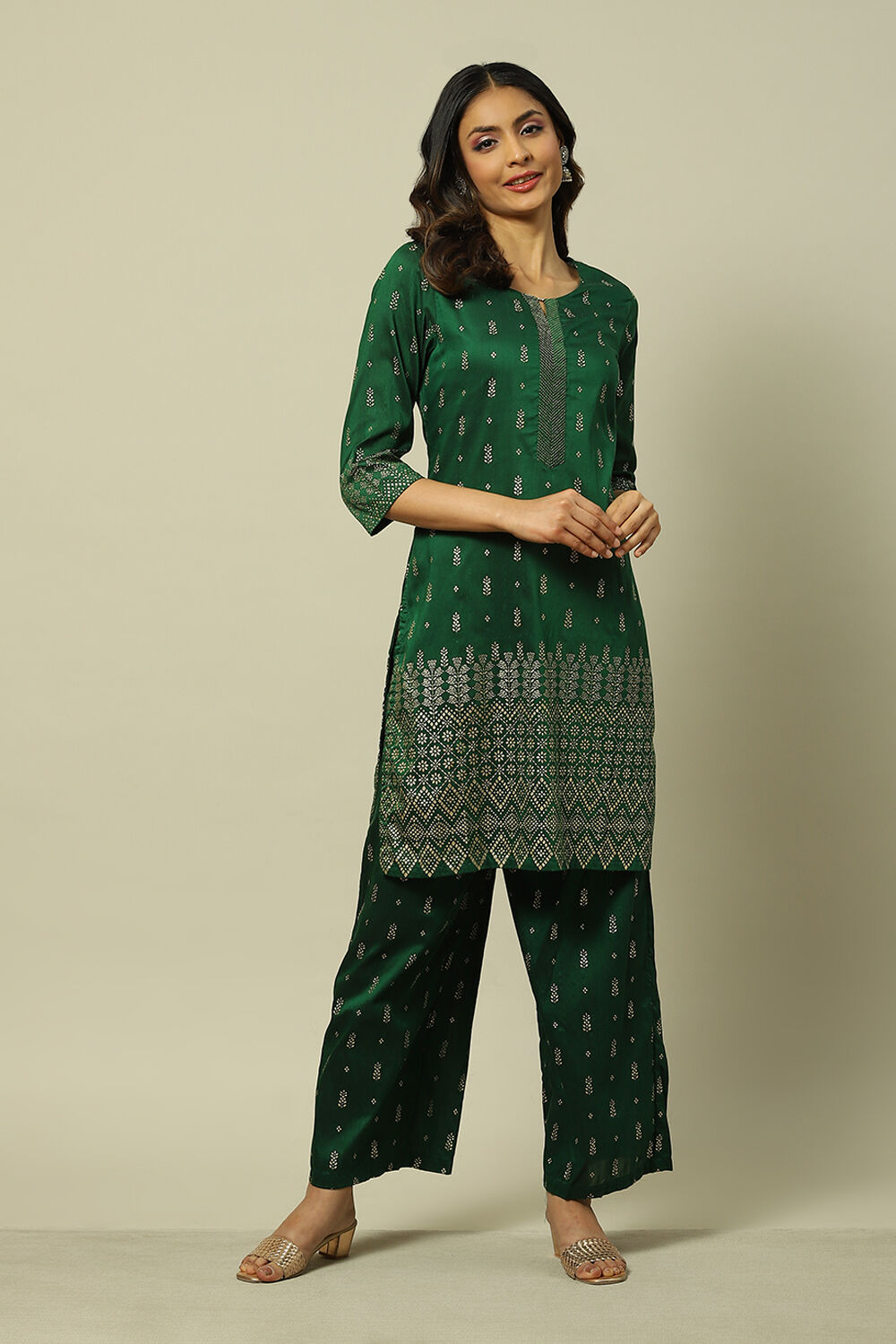 Green Cotton Blend Woven Straight Kurta Suit Set image number 6