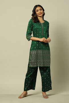 Green Cotton Blend Woven Straight Kurta Suit Set image number 6