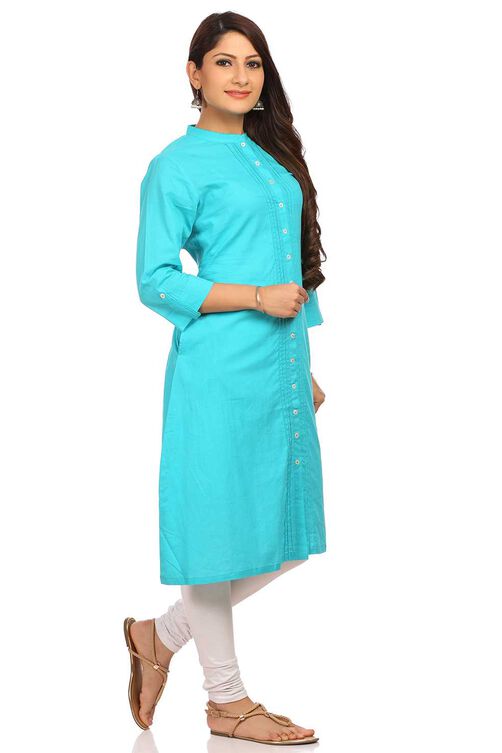 Turquoise Straight Cotton Kurta image number 1