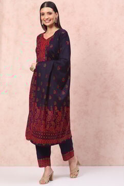 Navy Blue Art Silk Straight Suit Set image number 5