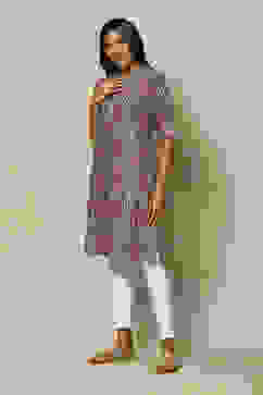 Grey LIVA Straight Printed Kurta image number 2