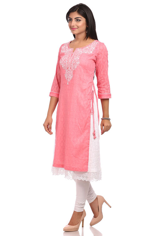 Pink Asymmetric Cotton Kurta image number 3