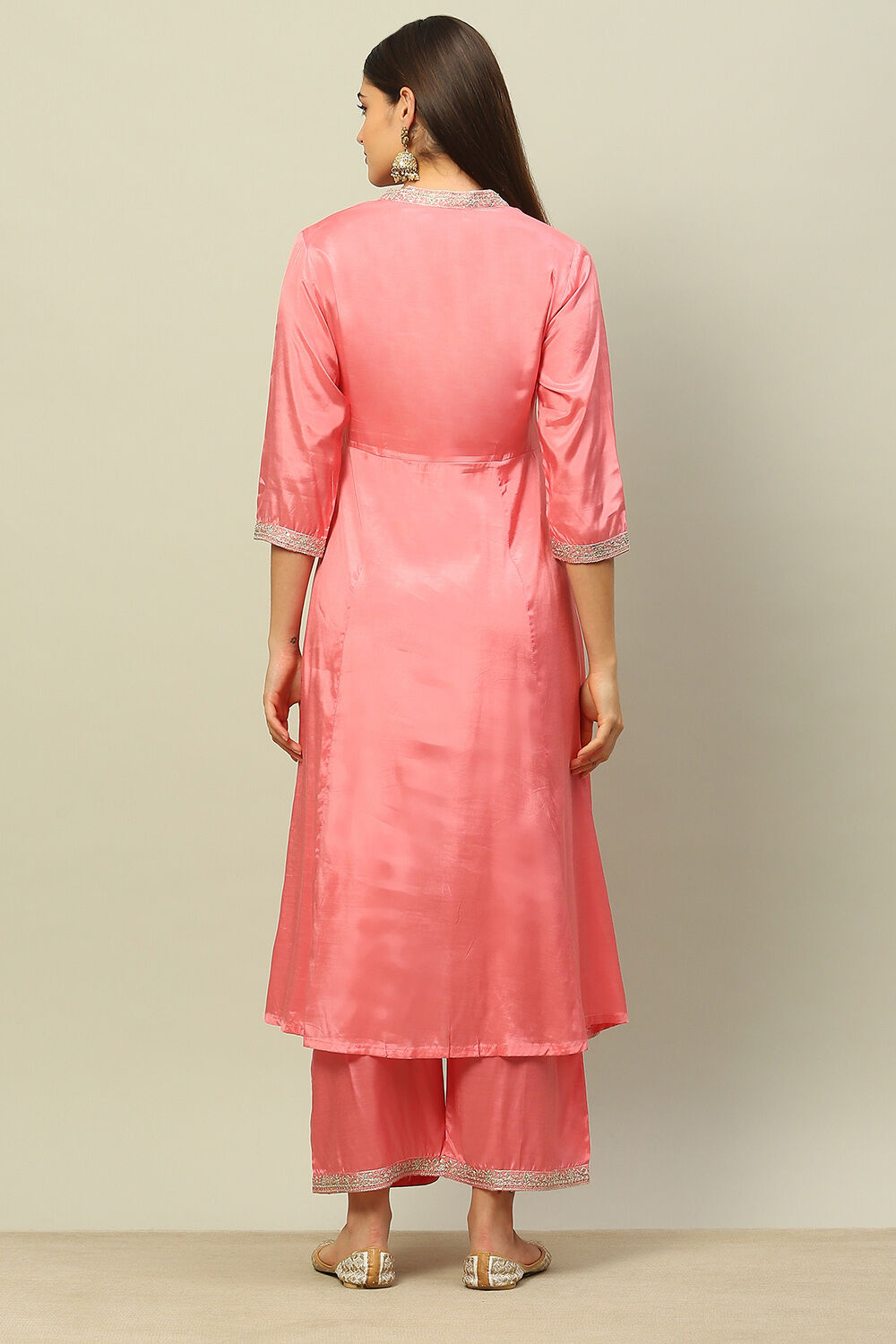 Dusty Pink Viscose Shantoon Kalidar Embroidered Kurta Palazzo Suit Set image number 4
