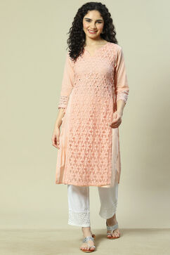 Peach Cotton Straight Kurta image number 5